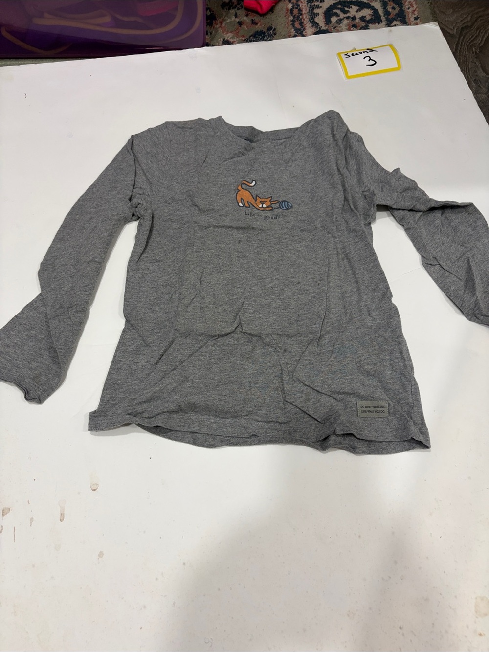 Life Is Good Gray Long-Sleeve Tee with Orange Cat Graphic
